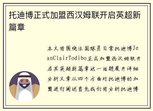 托迪博正式加盟西汉姆联开启英超新篇章