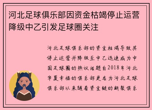 河北足球俱乐部因资金枯竭停止运营降级中乙引发足球圈关注 河北足球俱乐部因资金枯竭停止运营降级中乙引发足球圈关注