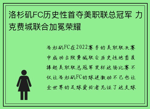洛杉矶FC历史性首夺美职联总冠军 力克费城联合加冕荣耀 洛杉矶FC历史性首夺美职联总冠军 力克费城联合加冕荣耀